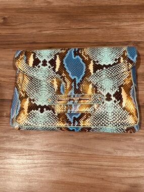 Elaine Turner Python-Print Envelope Clutch in Turquoise, Gold & Brown